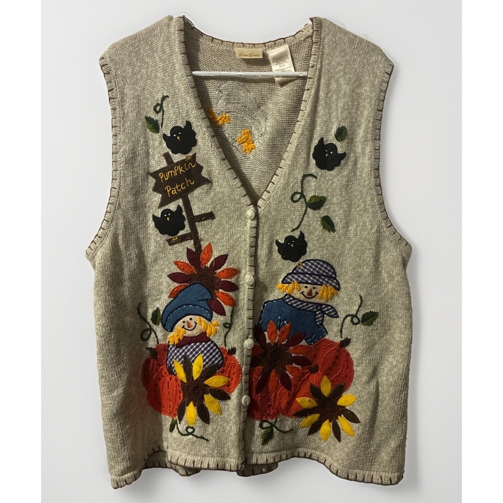 Vtg 90s Bobbie Brooks Cream Fall Pumpkin Patch Sweater Vest Womens XL Scarecrow